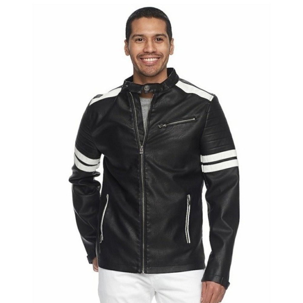 XRAY Jeans Biker Jacket Faux Leather Striped Full Zip Riding Moto Coat‎ Mens L